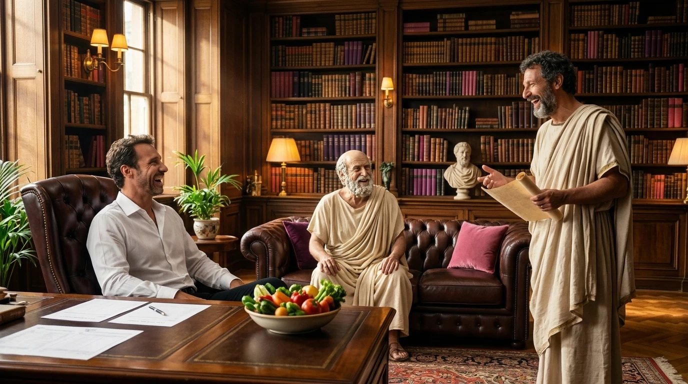 Gabriel de Carvalho atrás da mesa de consulta, rindo com Hipócrates sentado no sofá de couro e Galeno em pé, numa biblioteca de madeira.
