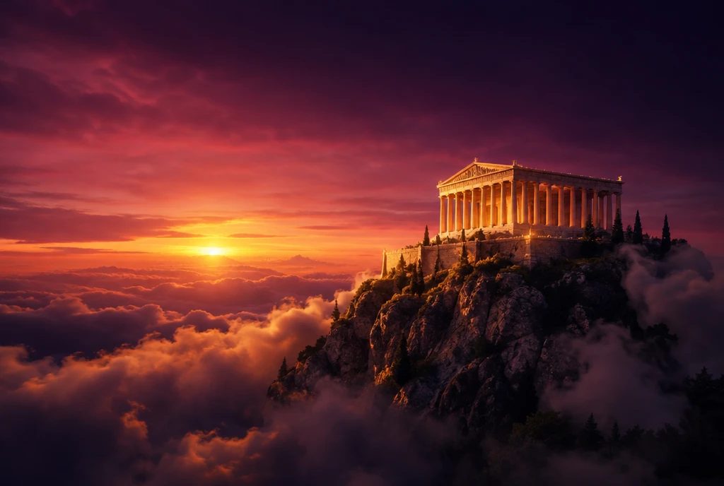 Templo grego no alto do Monte Olimpo ao pôr do sol